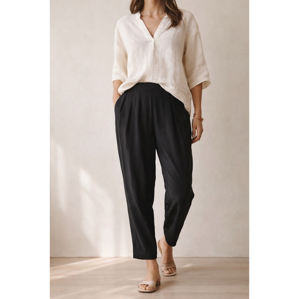 Eileen Fisher Silk Pleated Tapered Pants Black Pull On Relaxed Fit M